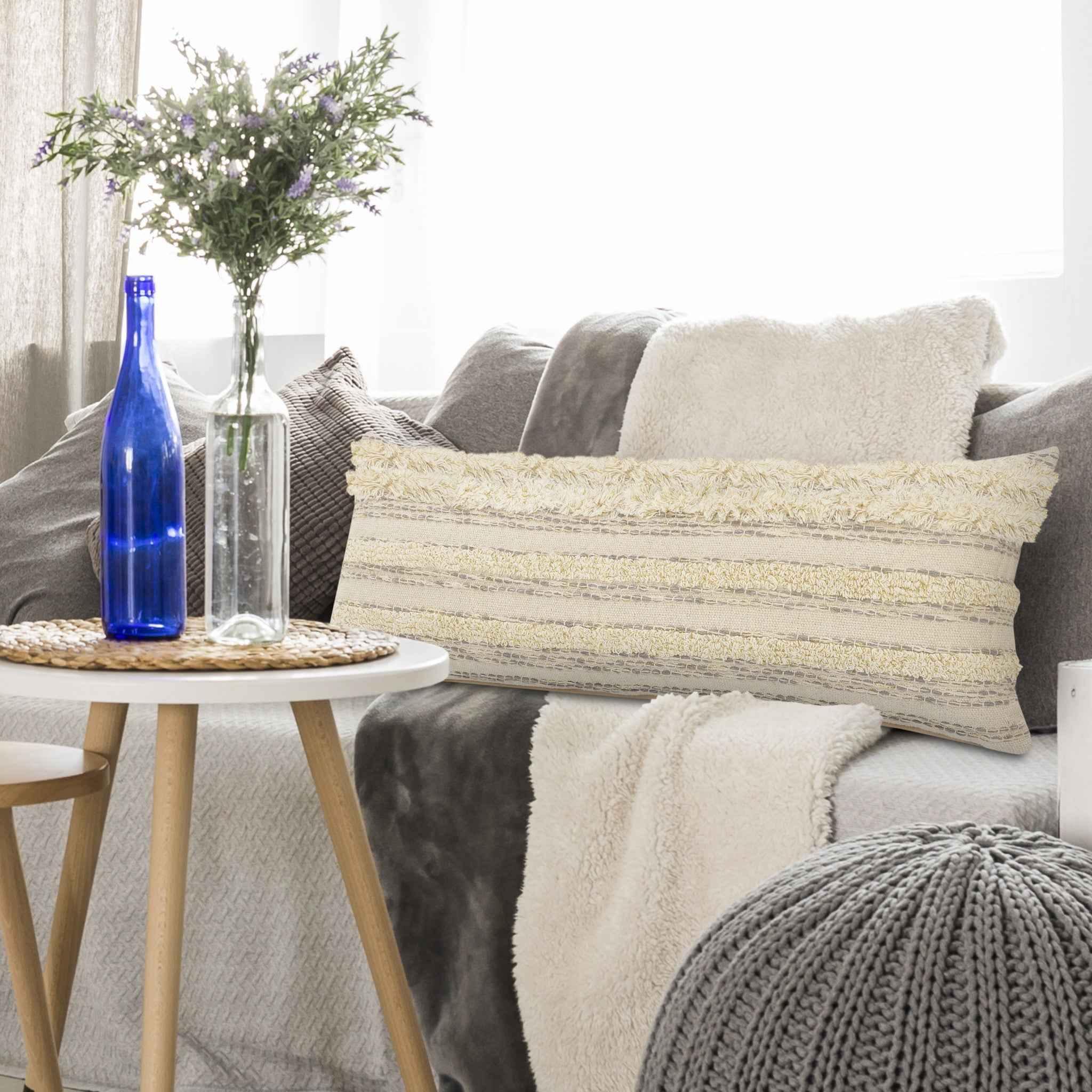 14" X 36" Cream Gray And Gold 100% Cotton Striped Zippered Pillow