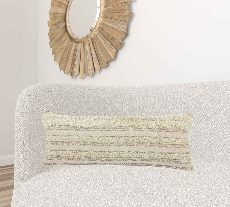14" X 36" Cream Gray And Gold 100% Cotton Striped Zippered Pillow