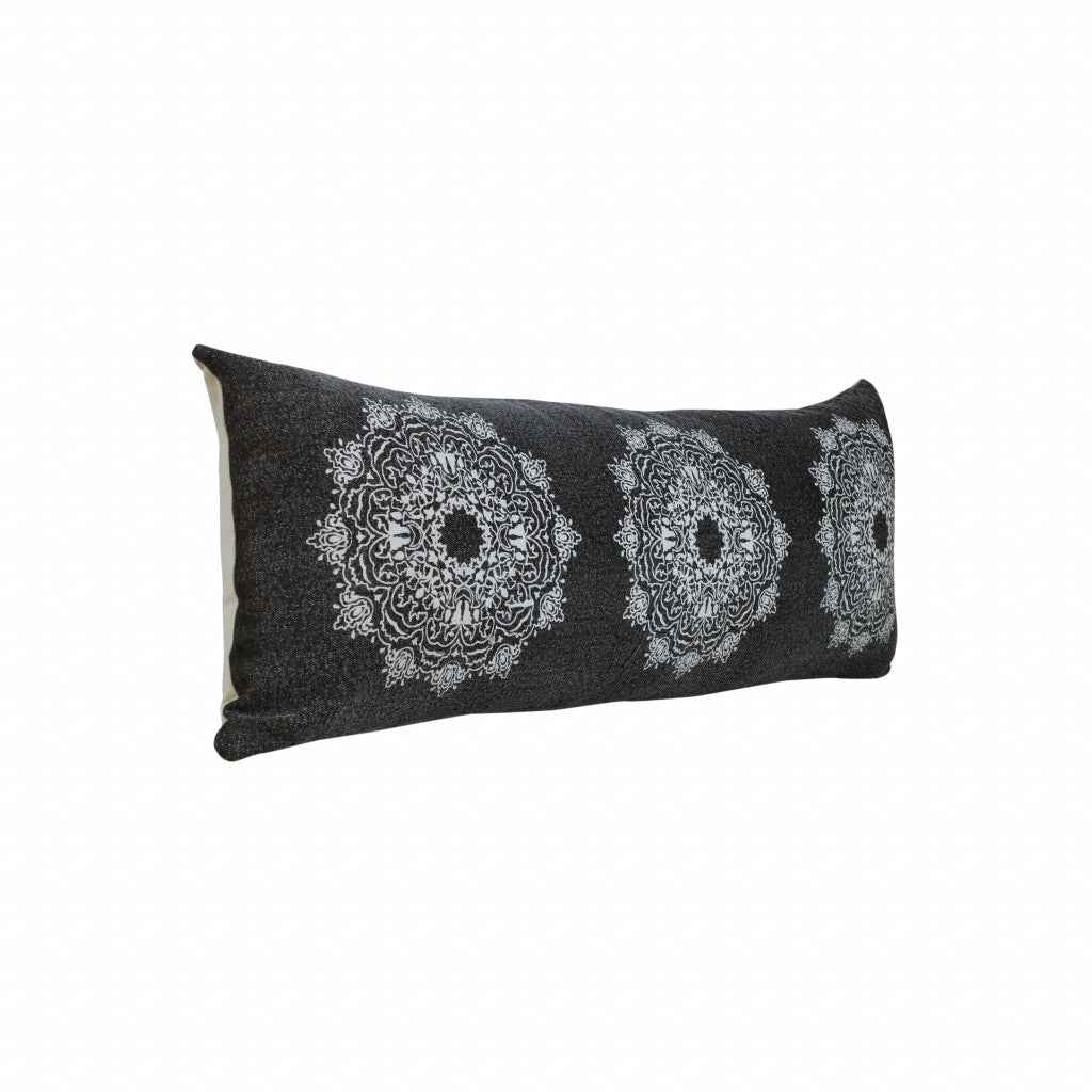 14" X 36" Jet Black And White 100% Cotton Geometric Zippered Pillow