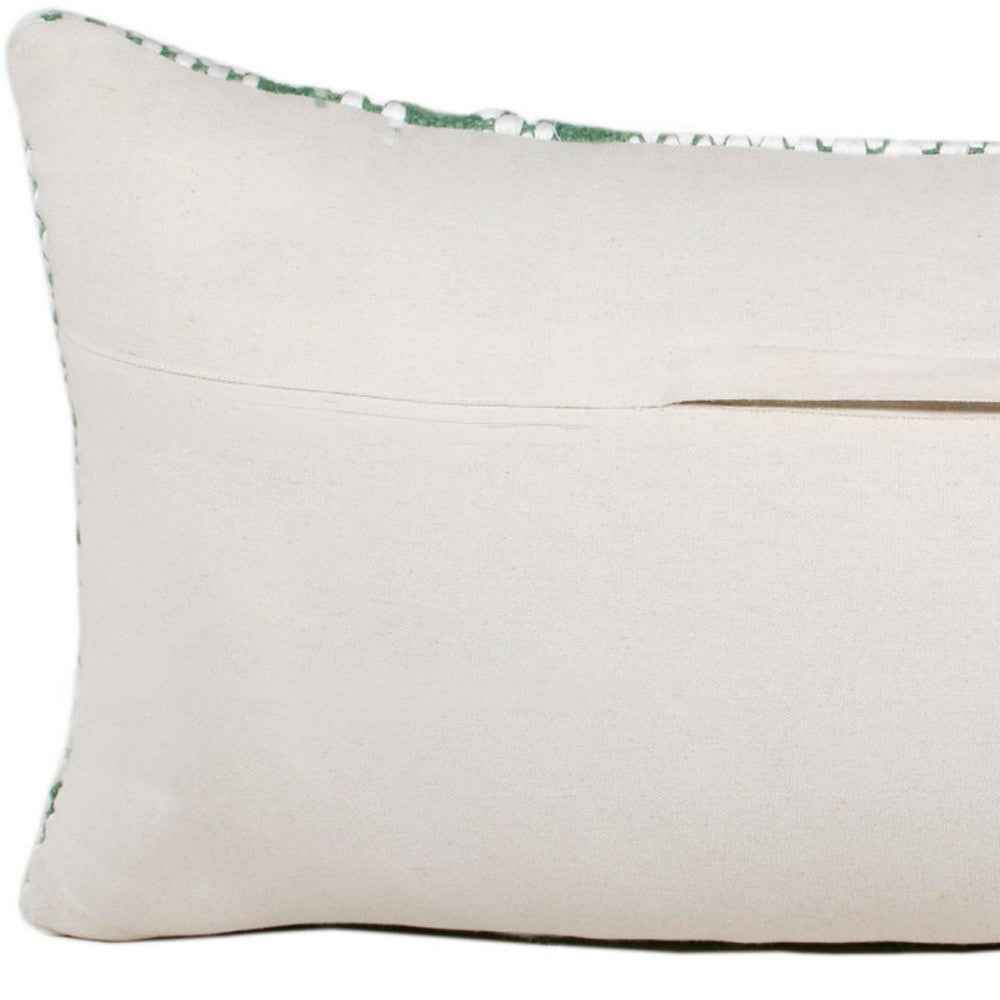 14" X 36" Green And White 100% Cotton Geometric Zippered Pillow