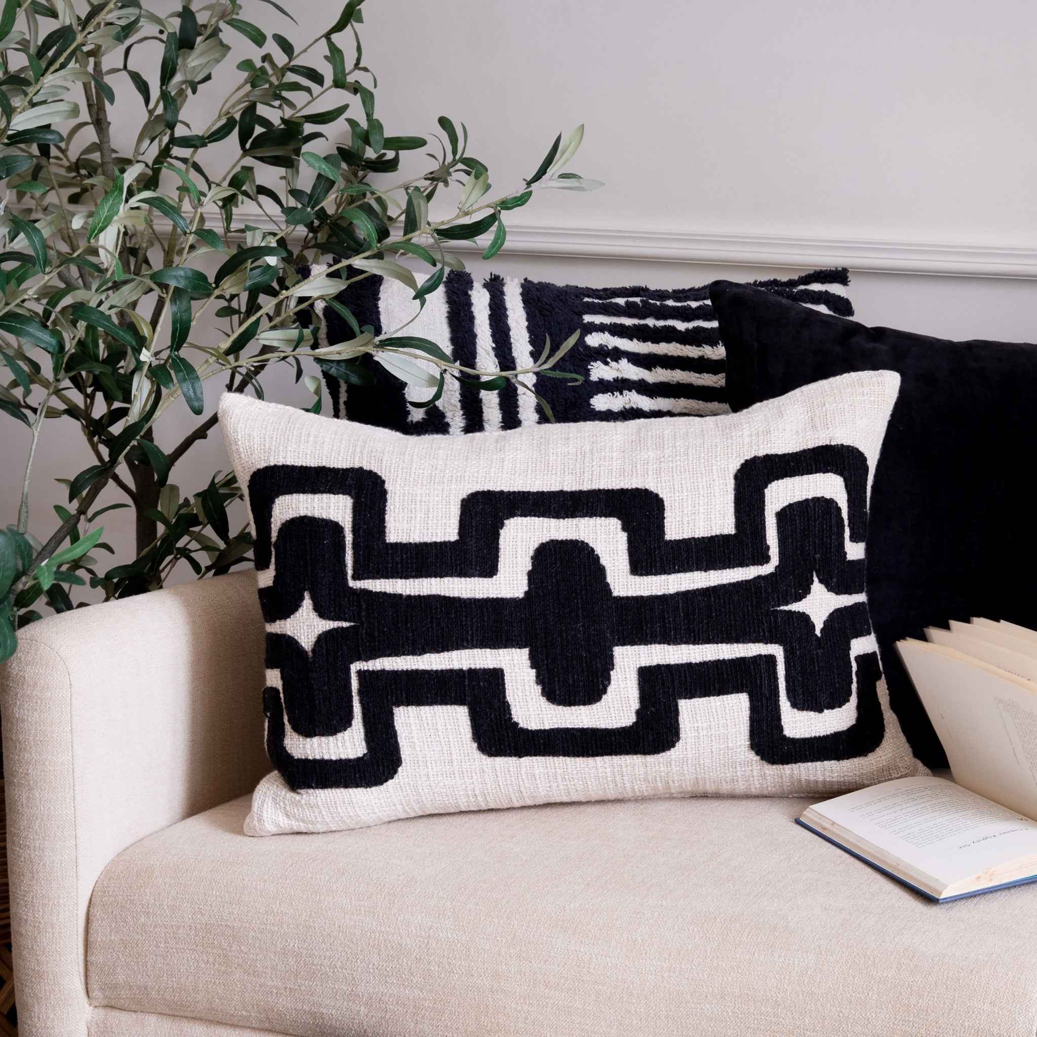 16" X 24" Black Ivory 100% Cotton Geometric Zippered Pillow