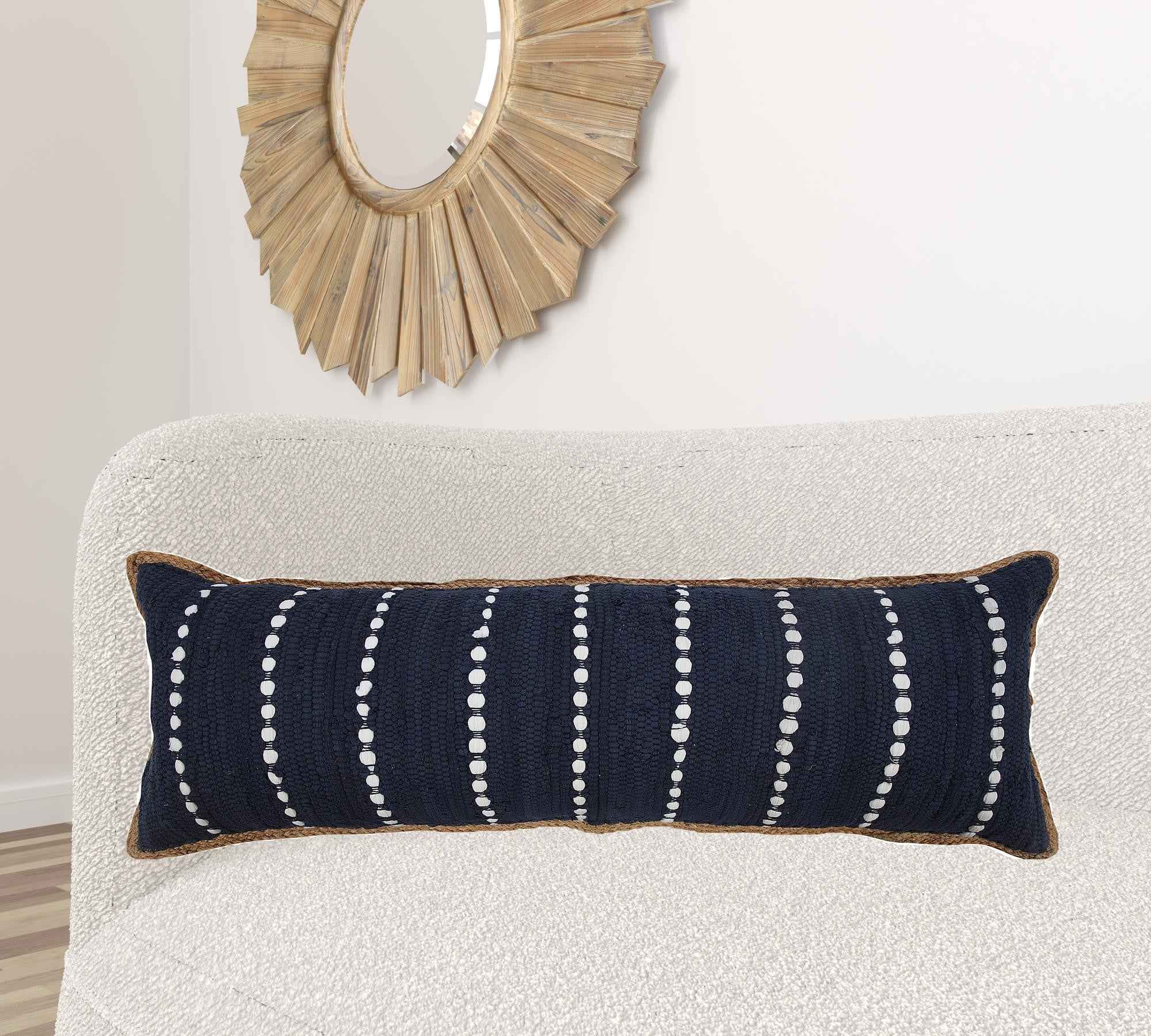 14" X 36" Blue and Beige Striped Cotton Blend Zippered Pillow