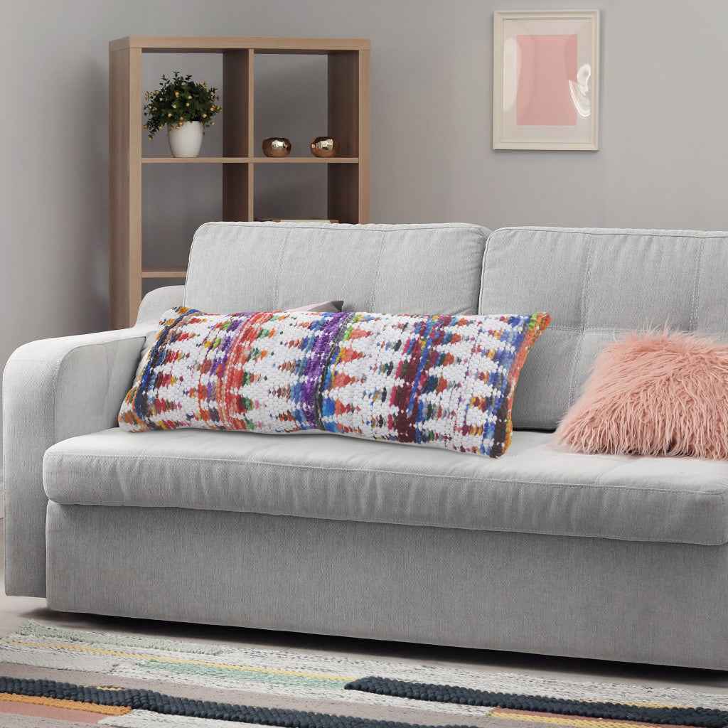 14" X 36" White Red Blue Orange And Green 100% Cotton Geometric Zippered Pillow