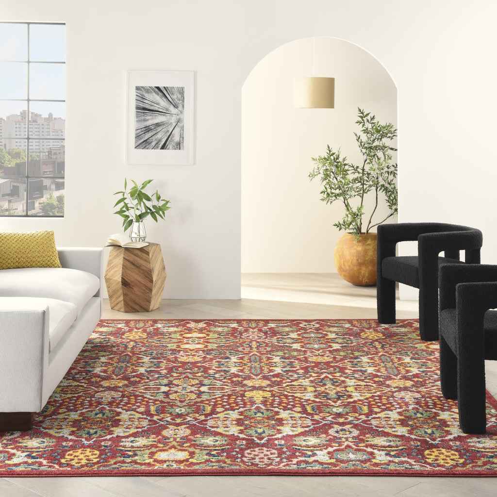 9' x 12' Red Floral Power Loom Area Rug