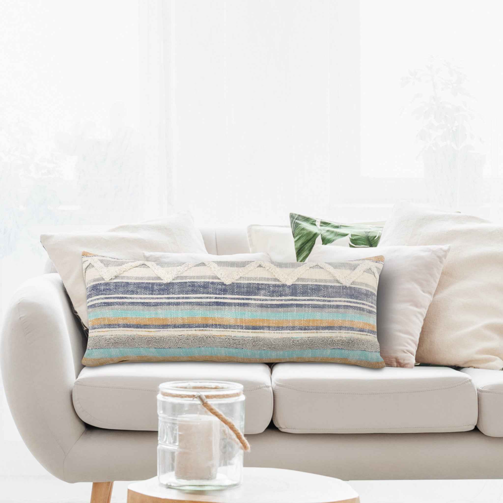 14" X 36" Orange Turquoise Gray Blue And White 100% Cotton Striped Zippered Pillow