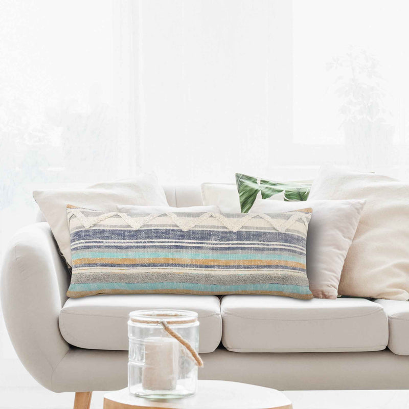 14" X 36" Orange Turquoise Gray Blue And White 100% Cotton Striped Zippered Pillow