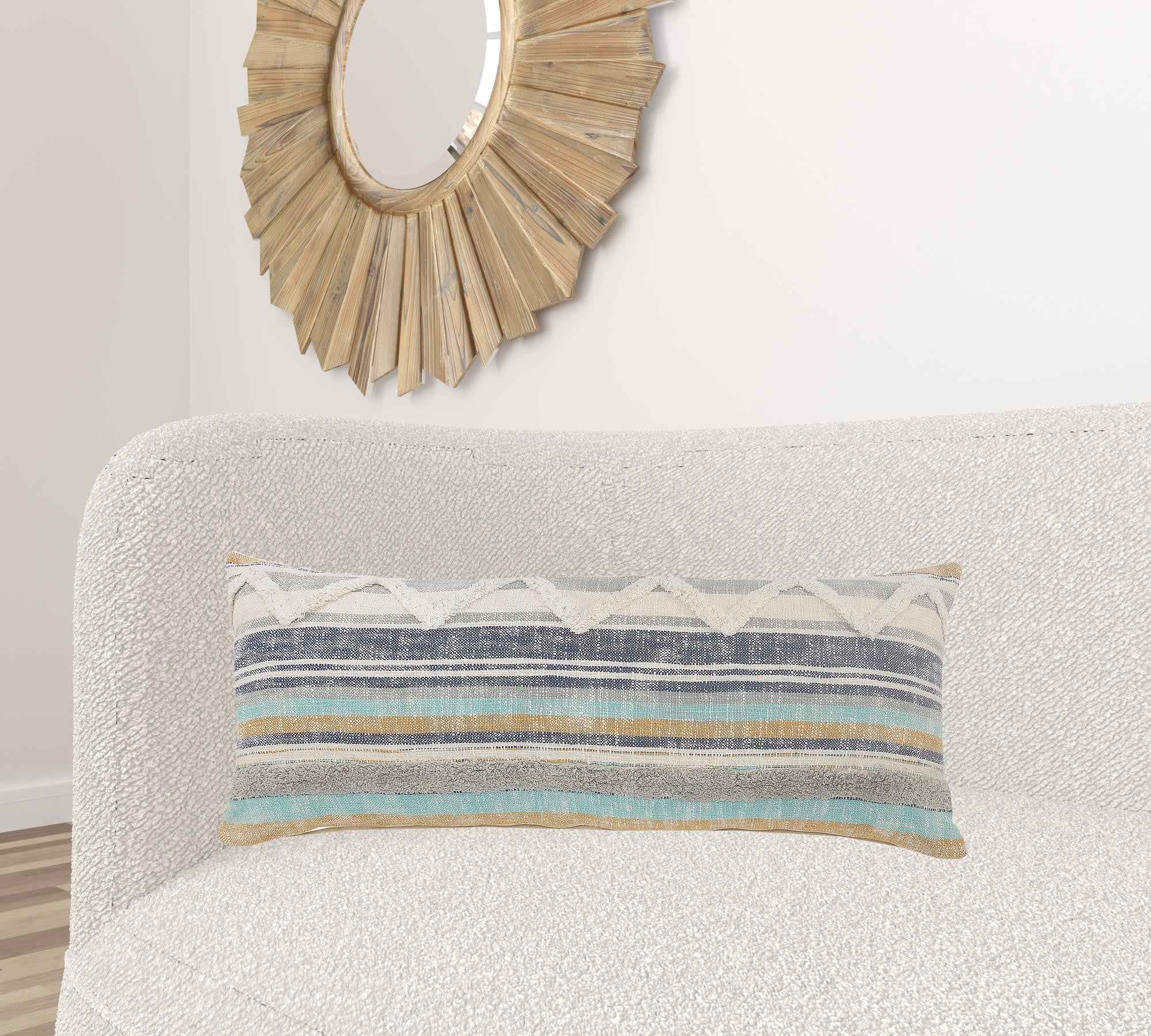 14" X 36" Orange Turquoise Gray Blue And White 100% Cotton Striped Zippered Pillow