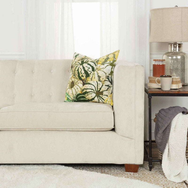 20" Green and White Thanksgiving Cotton Pillow With Embroidery, Beads Edges