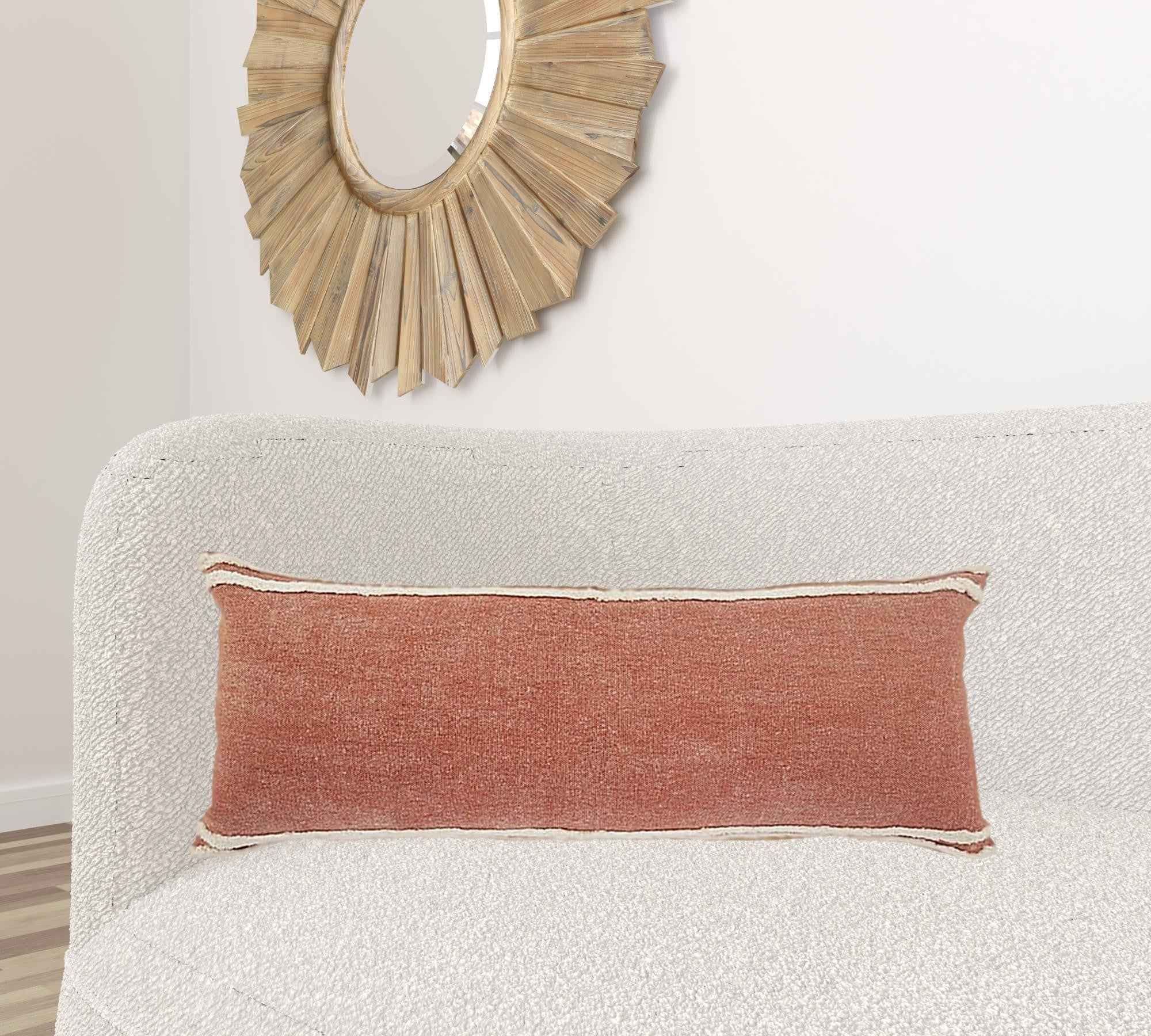 14" X 36" Orange And Off-White 100% Cotton Striped Zippered Pillow