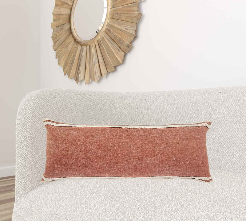 14" X 36" Orange And Off-White 100% Cotton Striped Zippered Pillow
