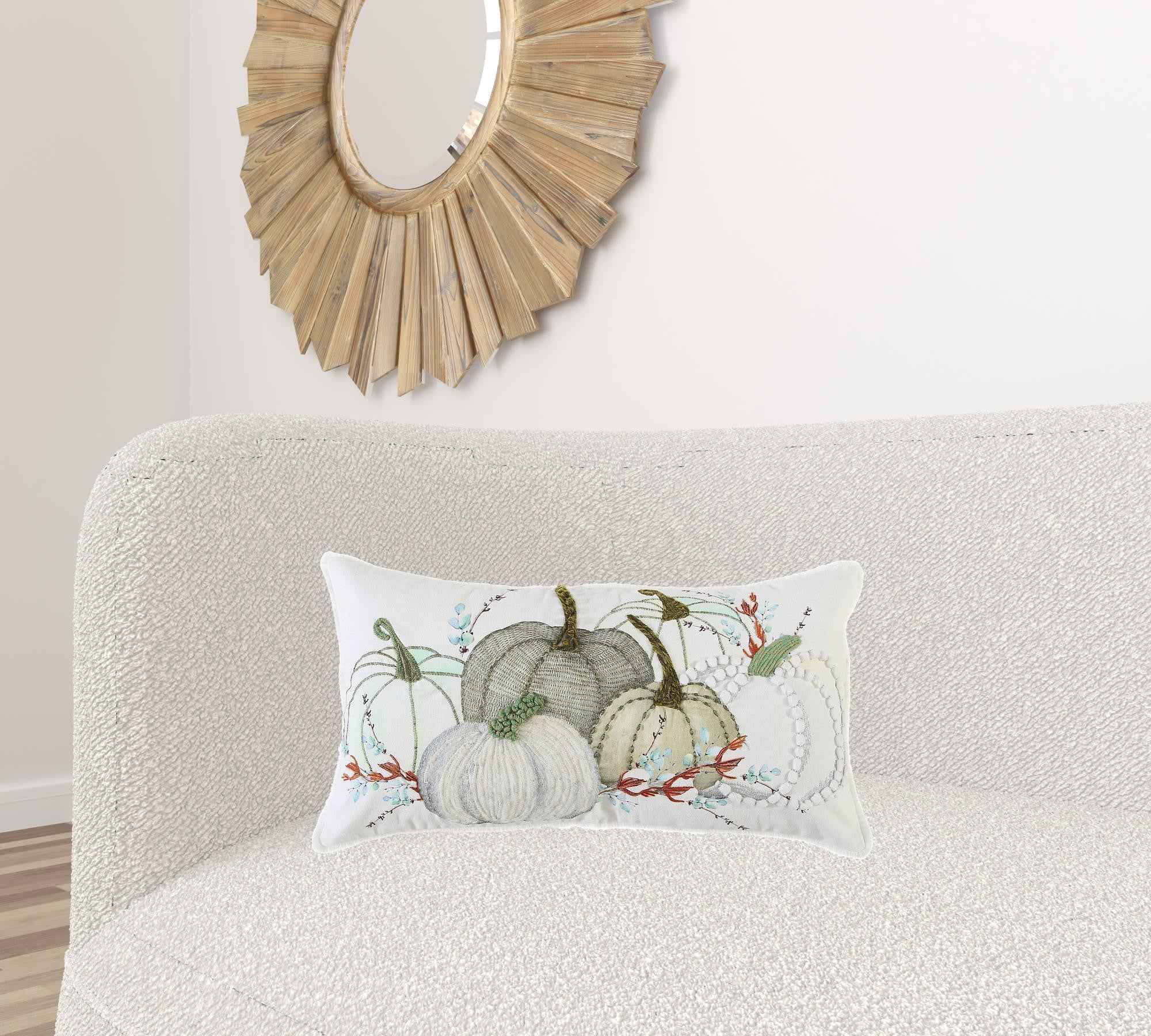 14" X 14" Green and White Thanksgiving Cotton Pillow With Embroidery Edges