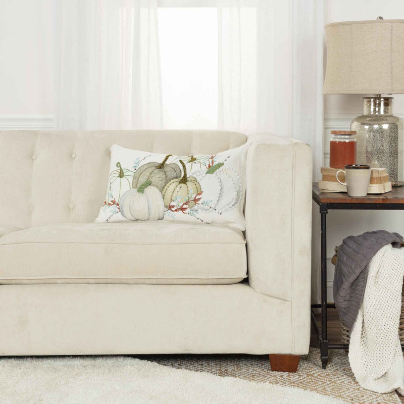 14" X 14" Green and White Thanksgiving Cotton Pillow With Embroidery Edges