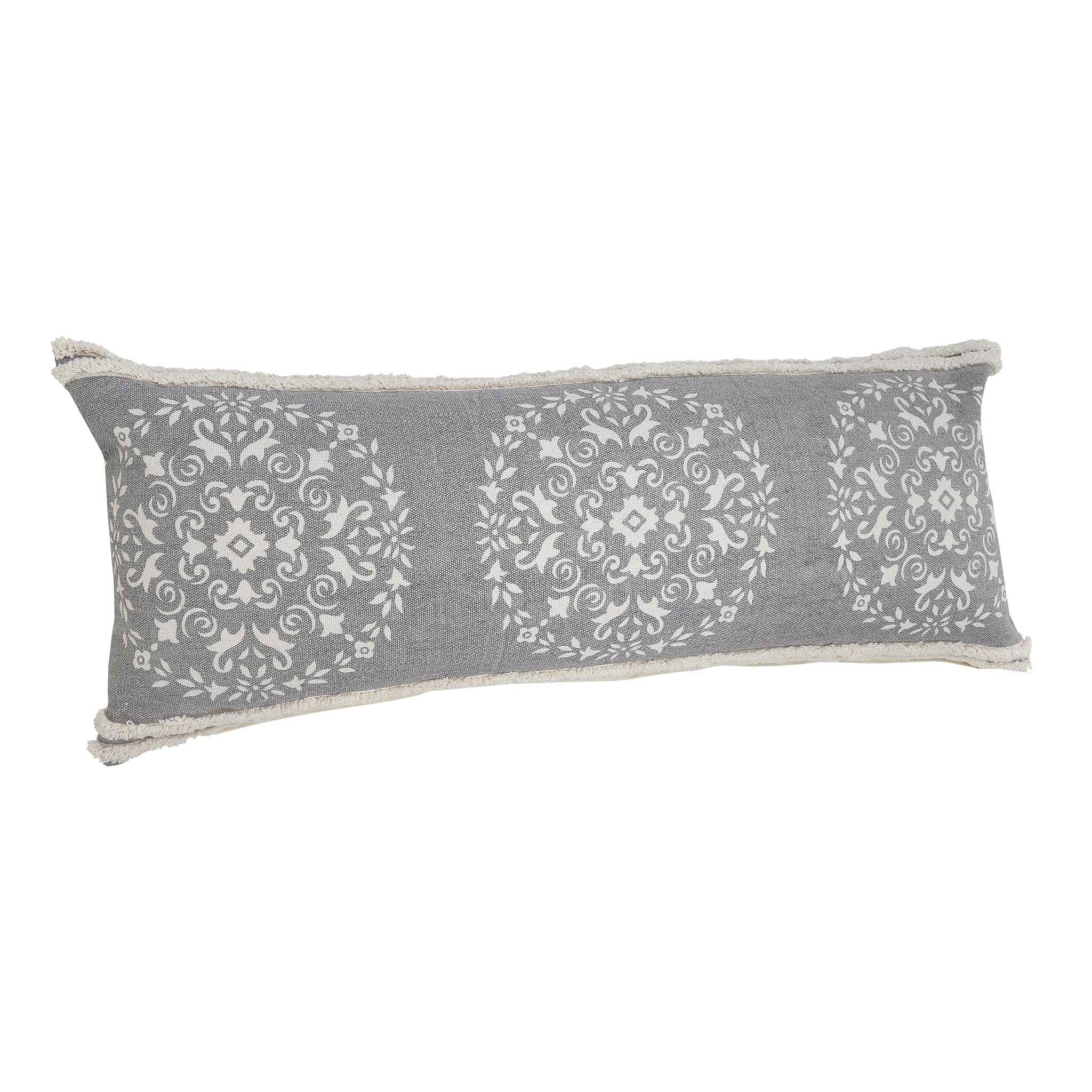14" X 36" Gray And White 100% Cotton Geometric Zippered Pillow