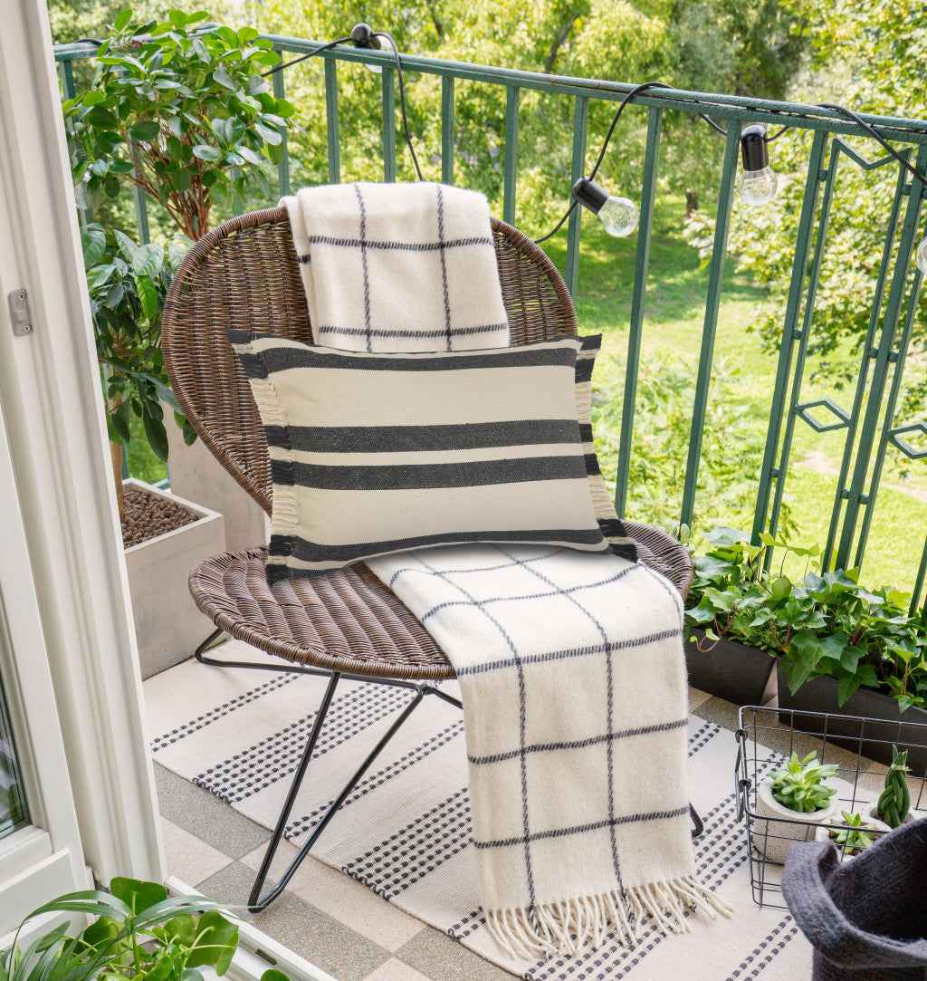 16" X 24" Gray And White 100% Cotton Striped Zippered Pillow