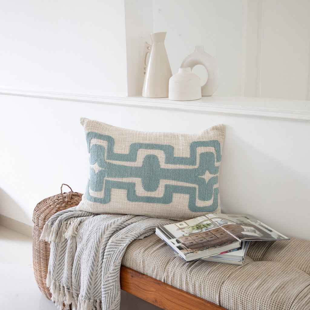 16" X 24" Light Blue And Ivory 100% Cotton Geometric Zippered Pillow
