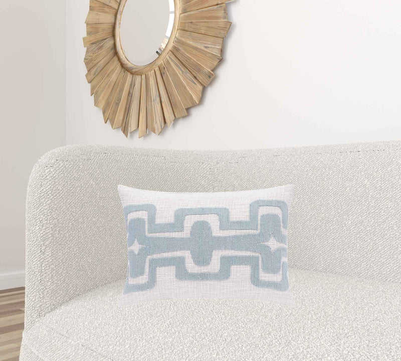 16" X 24" Light Blue And Ivory 100% Cotton Geometric Zippered Pillow