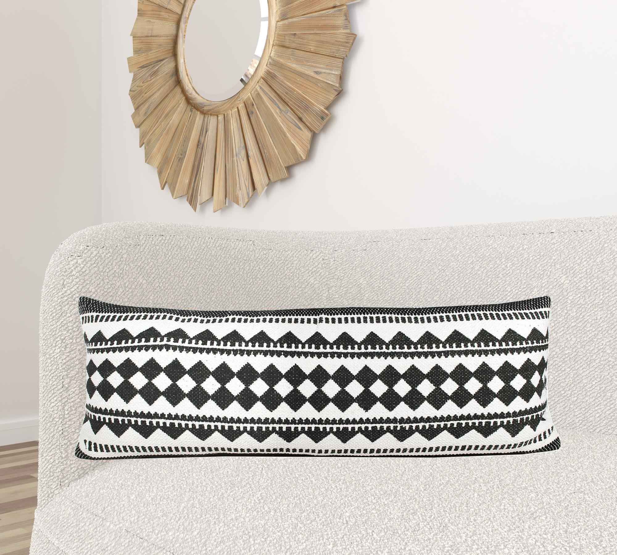 14" X 36" Black And White 100% Cotton Geometric Zippered Pillow