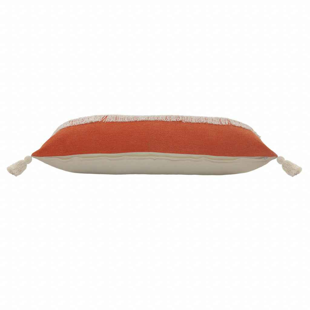 14" X 36" Orange And Off-White 100% Cotton Zippered Pillow