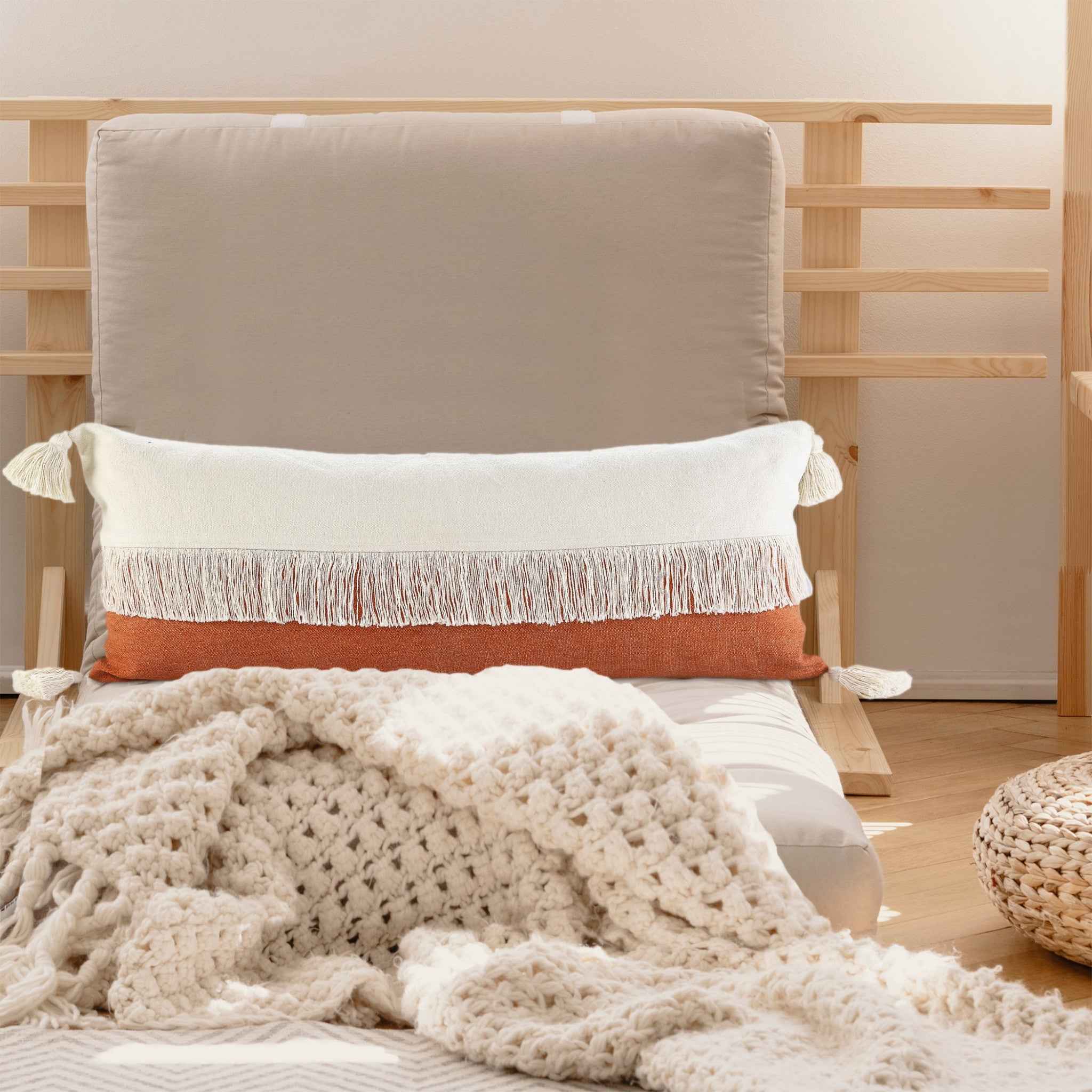 14" X 36" Orange And Off-White 100% Cotton Zippered Pillow