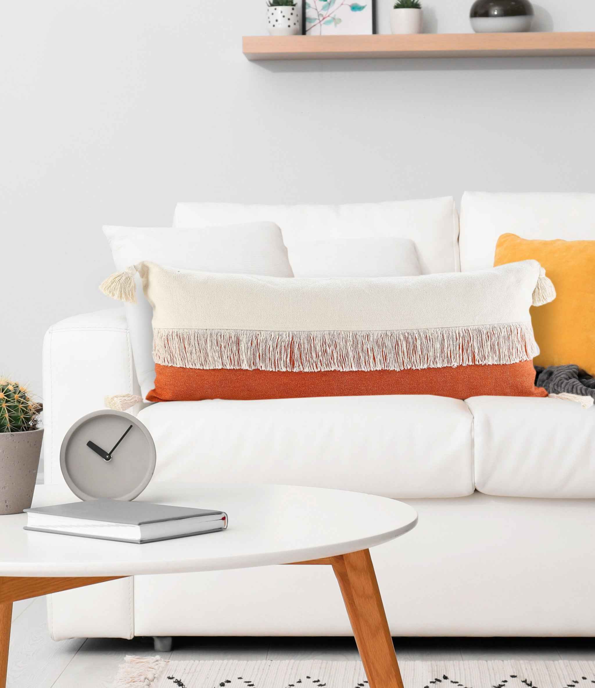 14" X 36" Orange And Off-White 100% Cotton Zippered Pillow