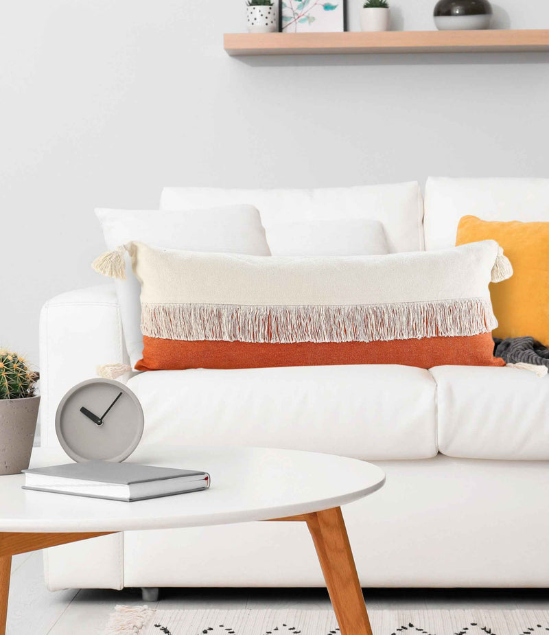 14" X 36" Orange And Off-White 100% Cotton Zippered Pillow