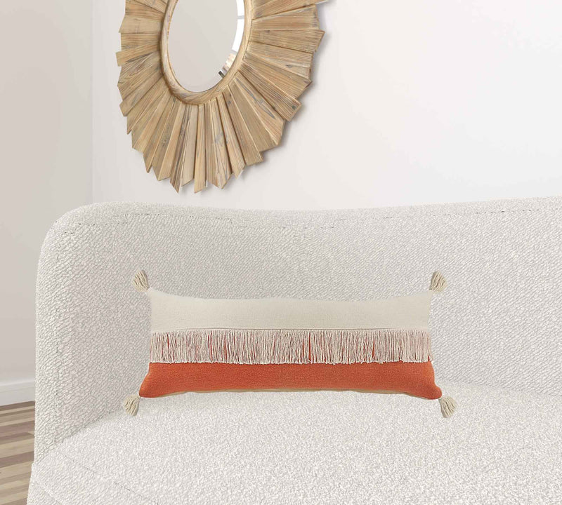14" X 36" Orange And Off-White 100% Cotton Zippered Pillow