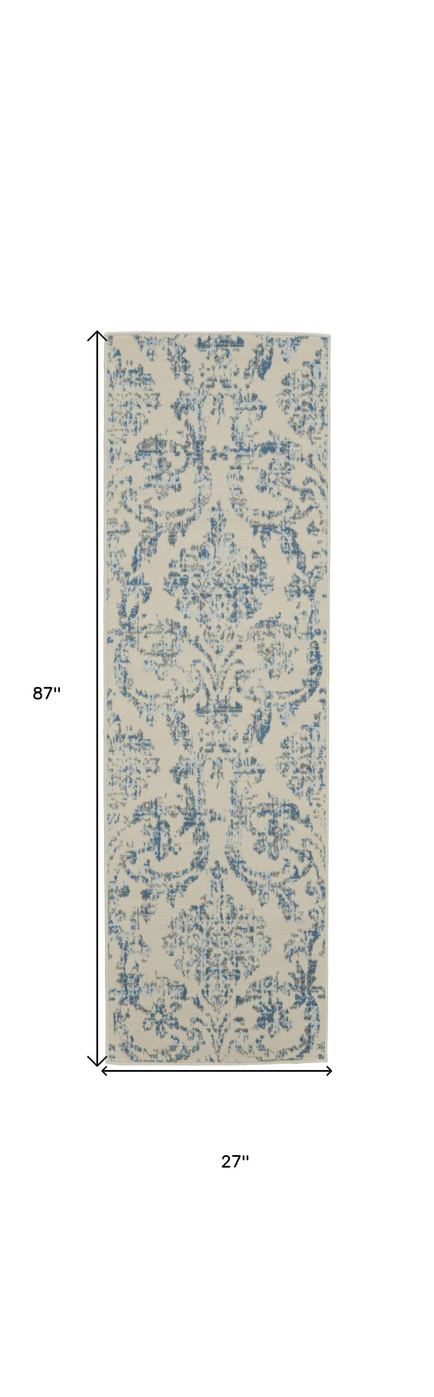 7' Cream Damask Power Loom Runner Rug