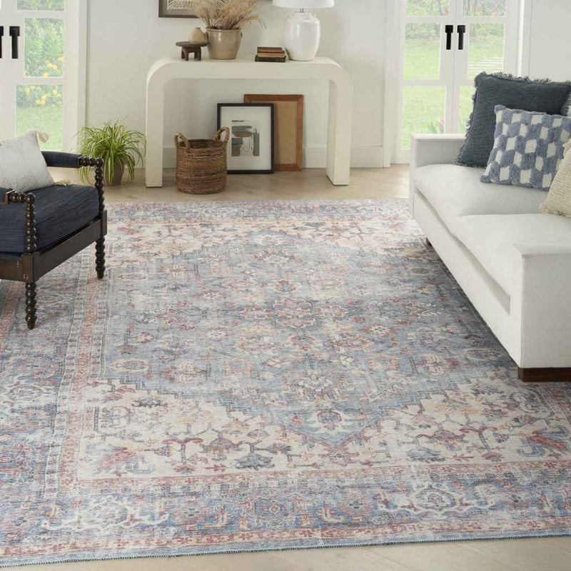 8' x 10' Blue Floral Power Loom Distressed Area Rug