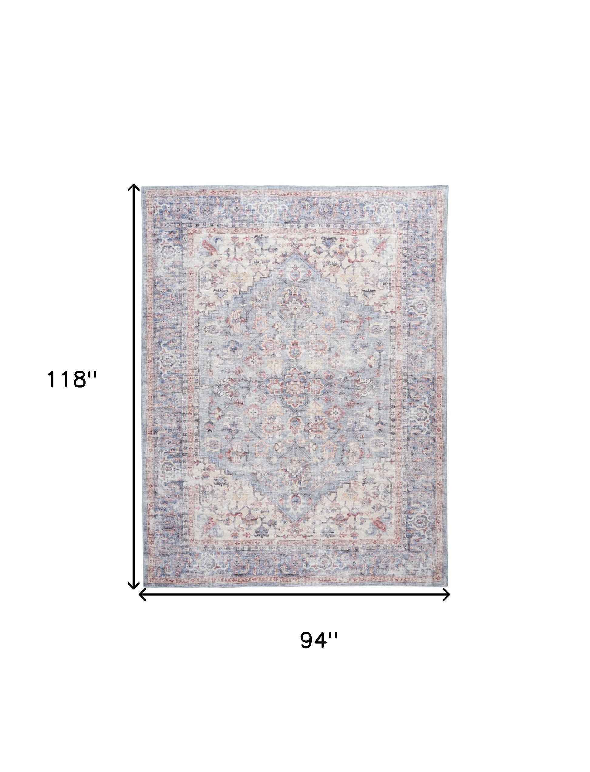 8' x 10' Blue Floral Power Loom Distressed Area Rug