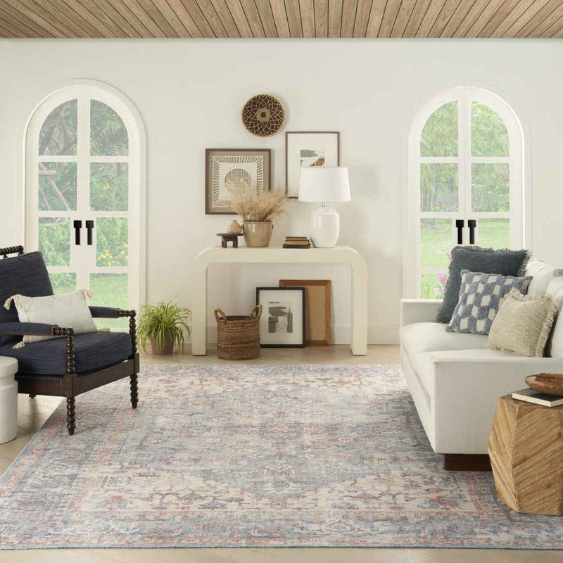 8' x 10' Blue Floral Power Loom Distressed Area Rug