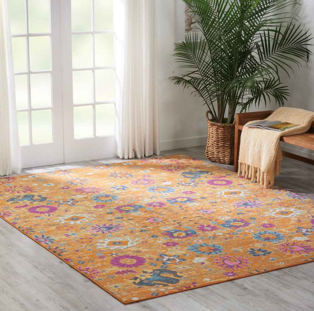 9' x 12' Gold Floral Power Loom Area Rug