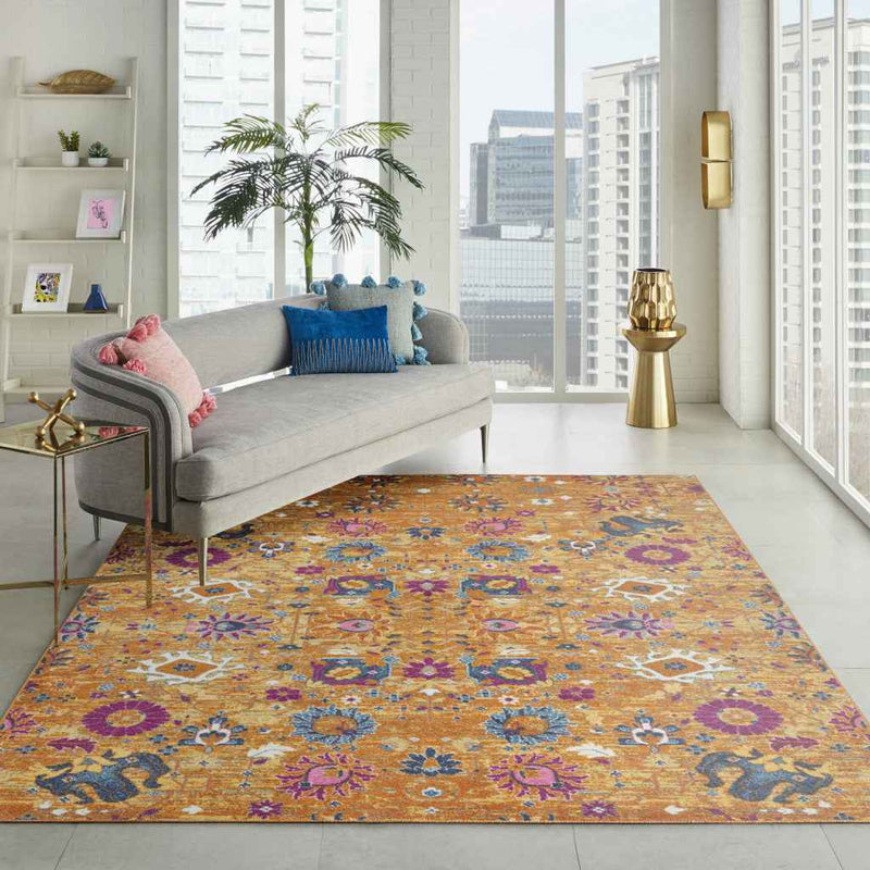 9' x 12' Gold Floral Power Loom Area Rug