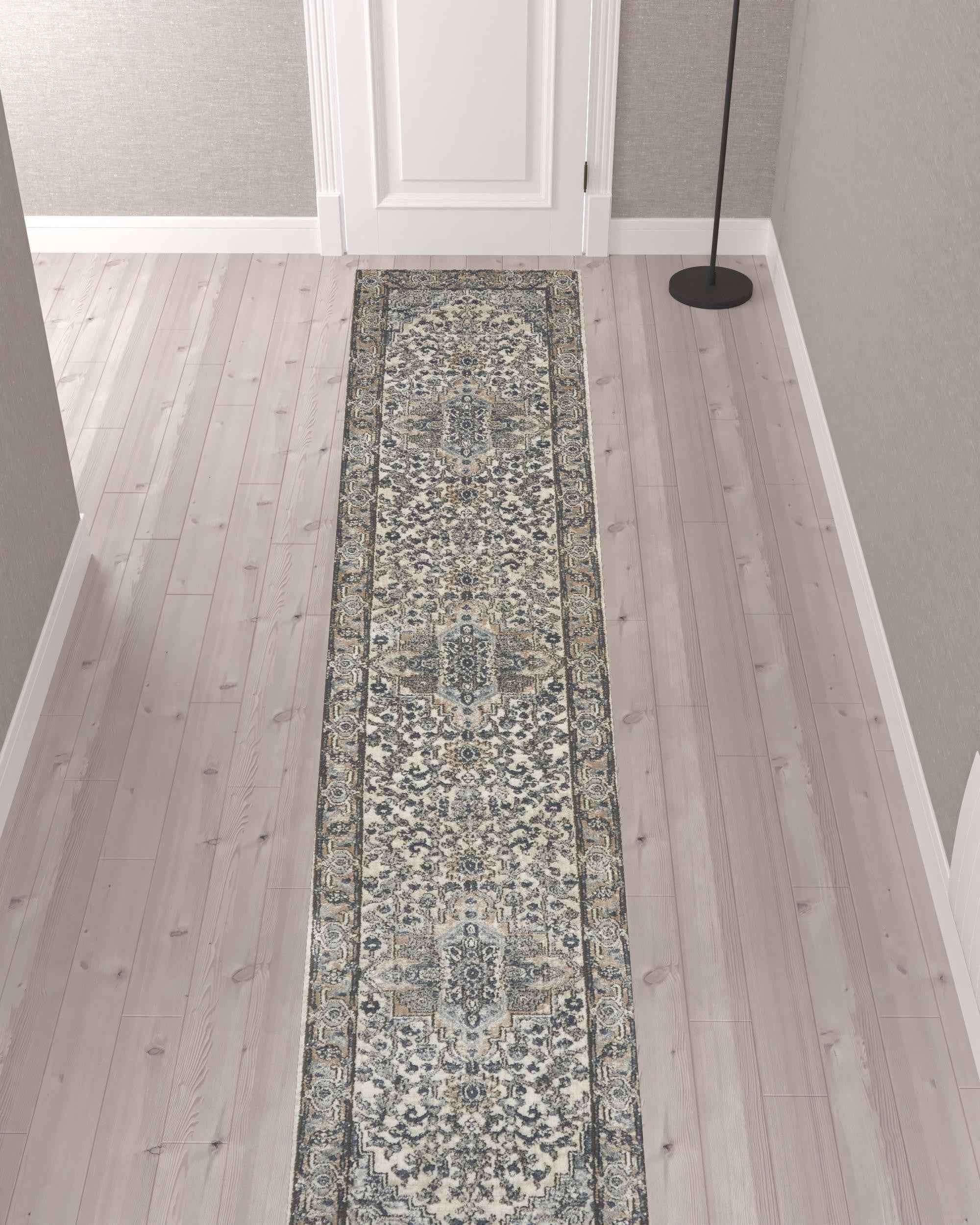 12' Gray and Ivory Medallion Power Loom Runner Rug