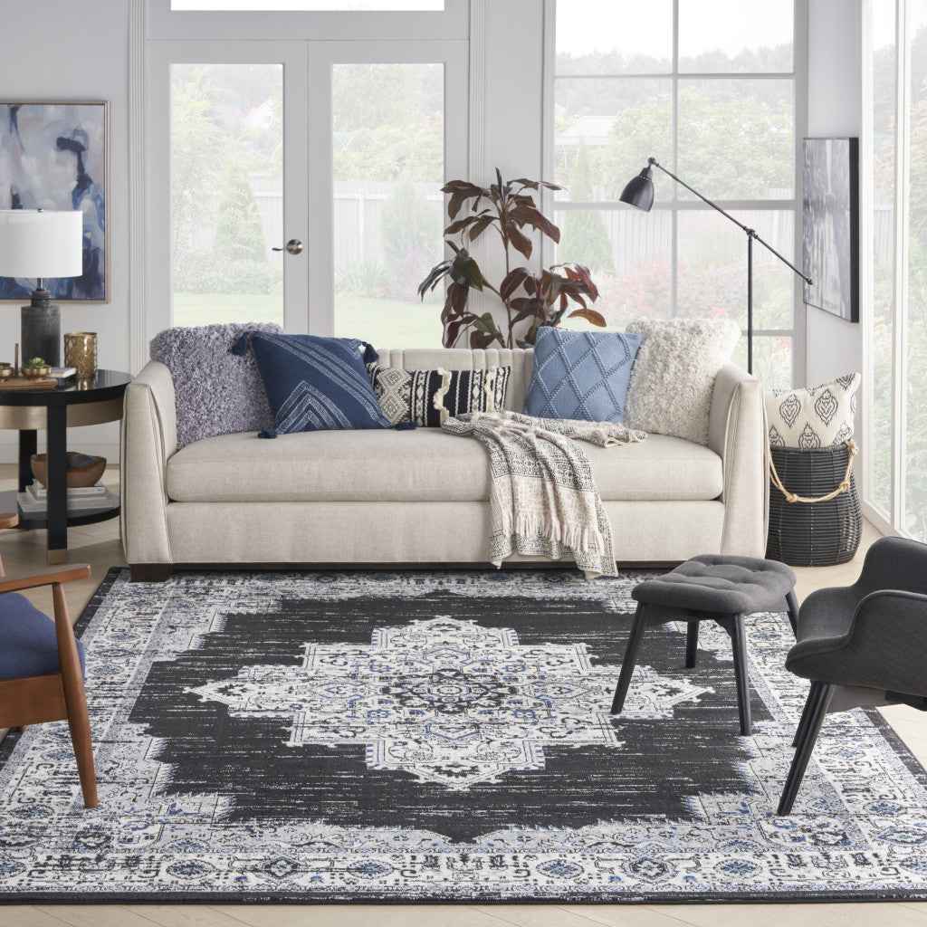 8' X 10' Black Floral Power Loom Distressed Area Rug