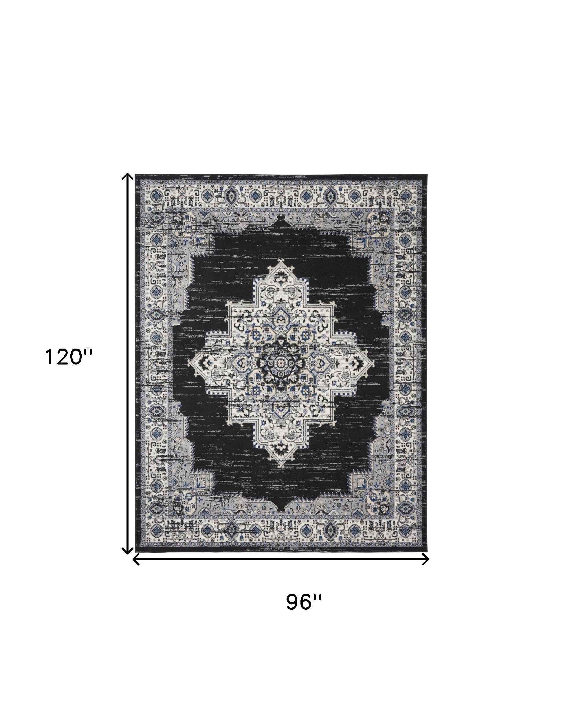 8' X 10' Black Floral Power Loom Distressed Area Rug