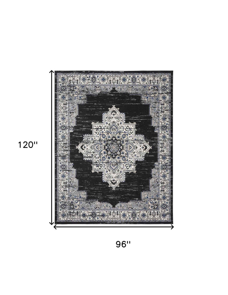 8' X 10' Black Floral Power Loom Distressed Area Rug