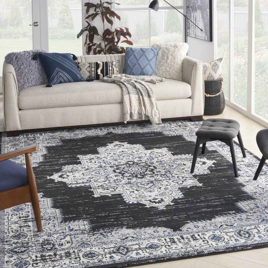8' X 10' Black Floral Power Loom Distressed Area Rug