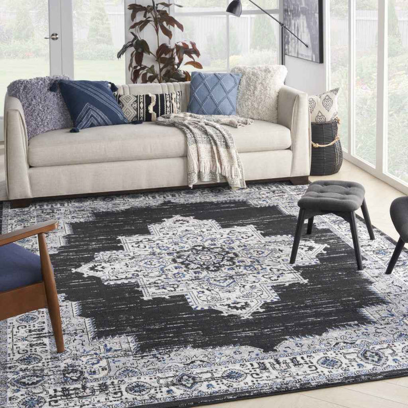 8' X 10' Black Floral Power Loom Distressed Area Rug