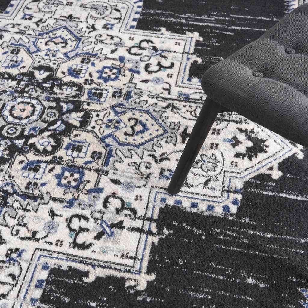 8' X 10' Black Floral Power Loom Distressed Area Rug