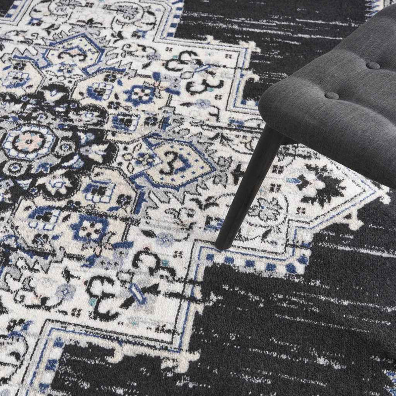 8' X 10' Black Floral Power Loom Distressed Area Rug