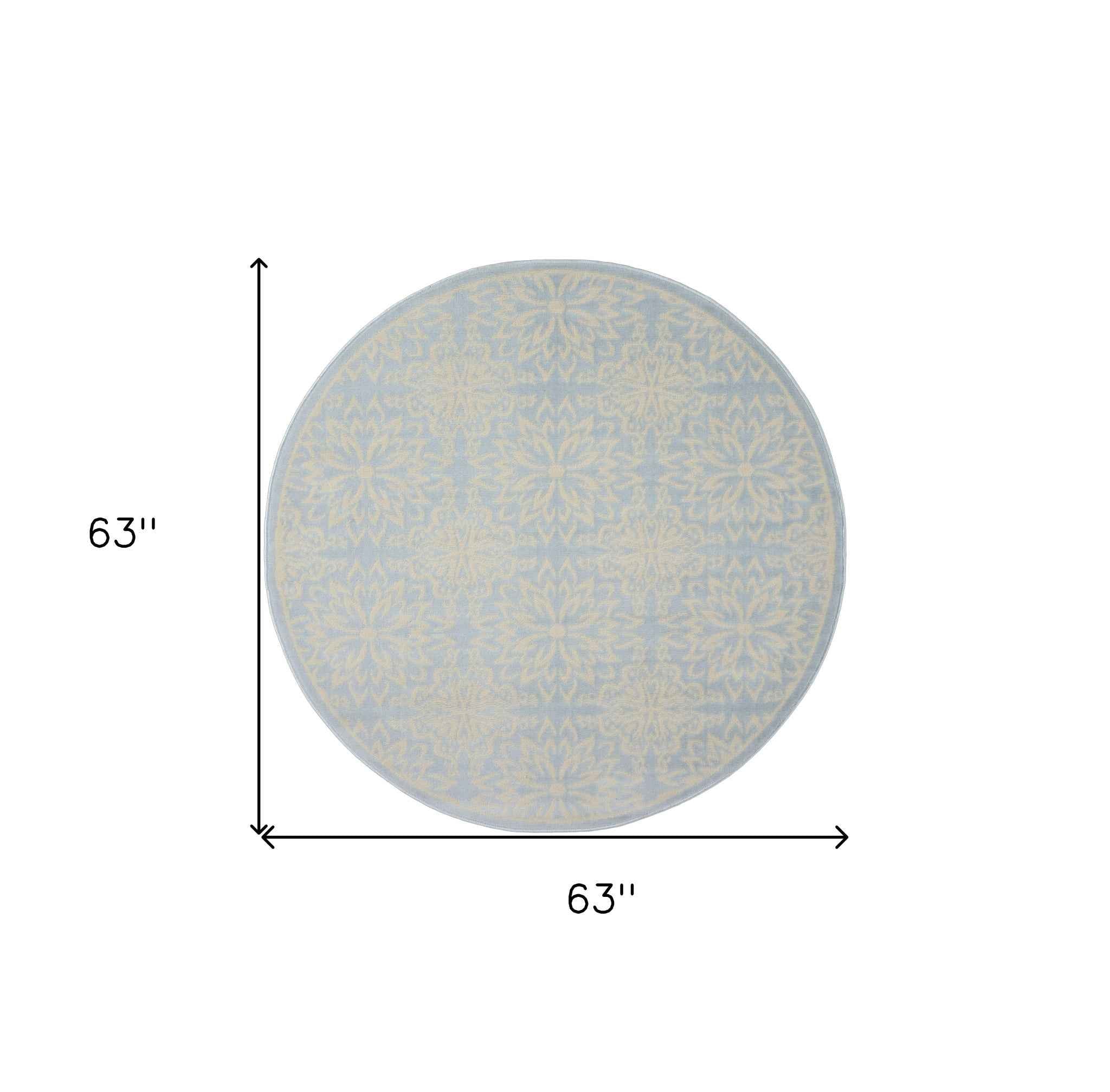 5' Light Blue Round Floral Power Loom Area Rug