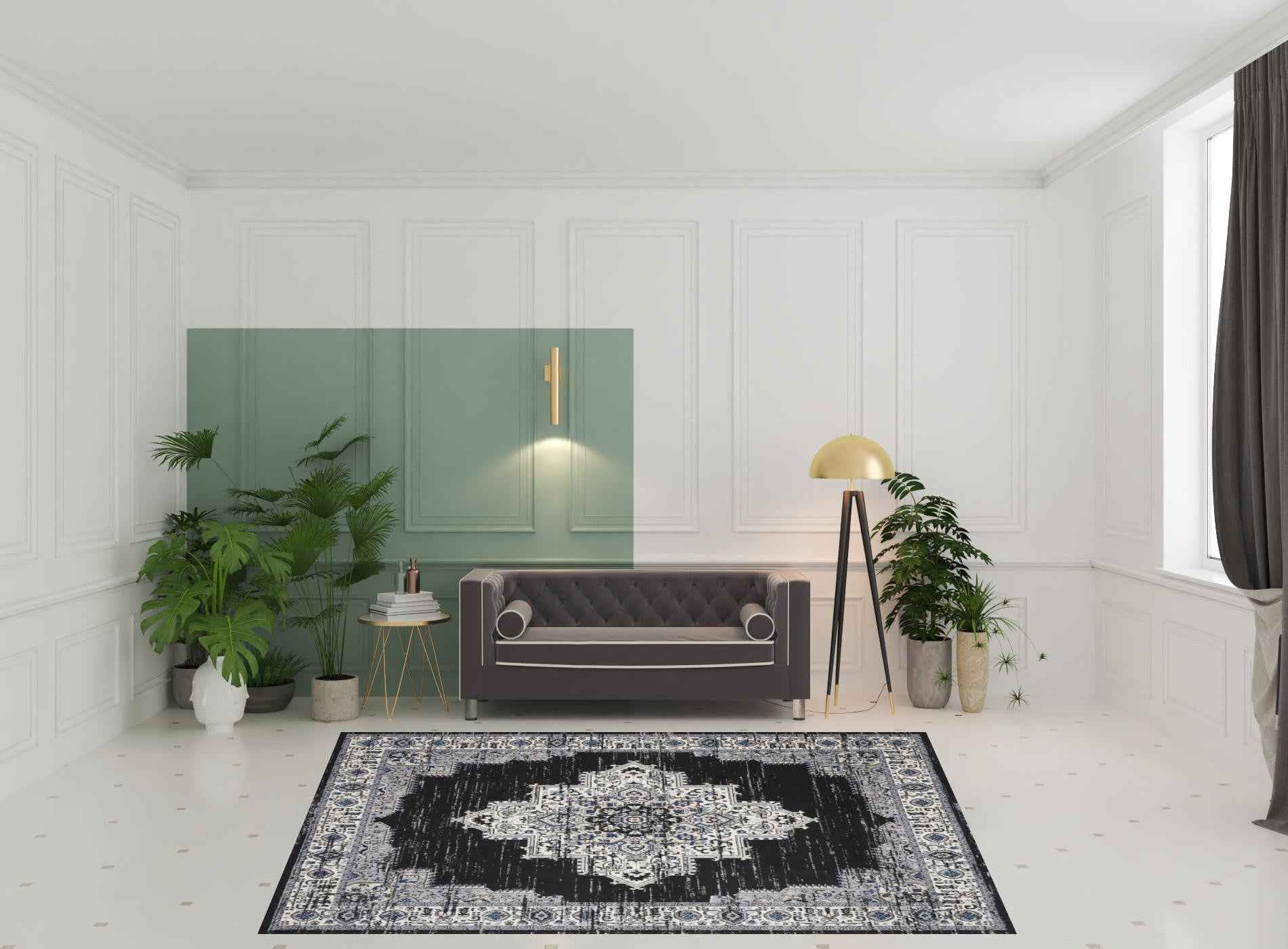 8' X 10' Black Floral Power Loom Distressed Area Rug