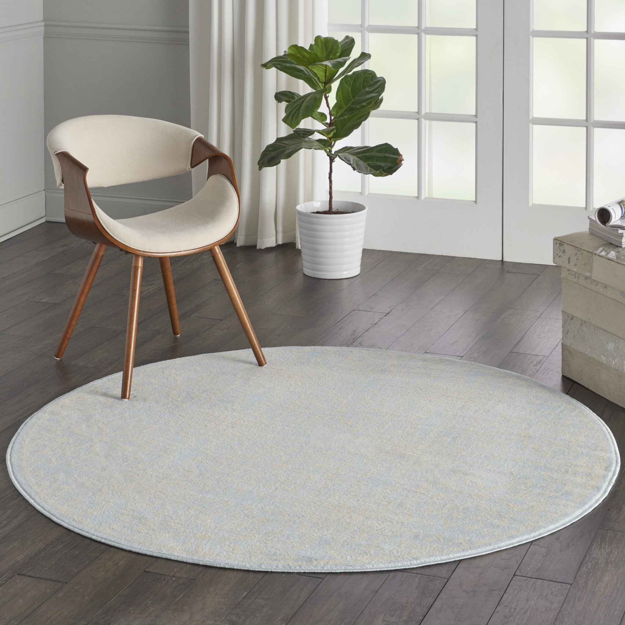 5' Light Blue Round Floral Power Loom Area Rug