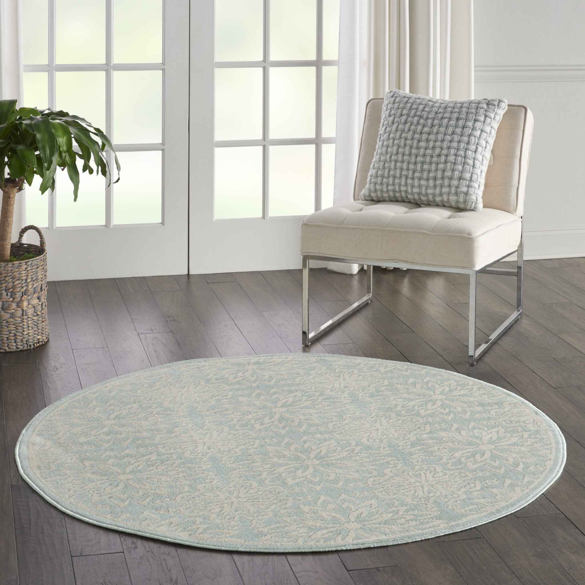 5' Aqua Round Floral Power Loom Area Rug