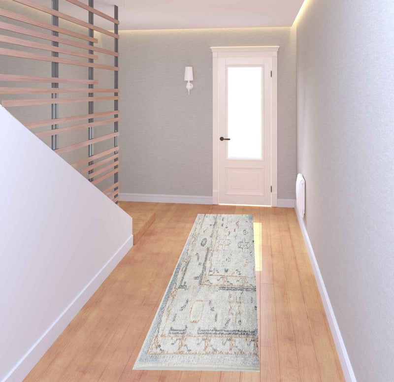 8' Light Blue Oriental Power Loom Distressed Washable Runner Rug