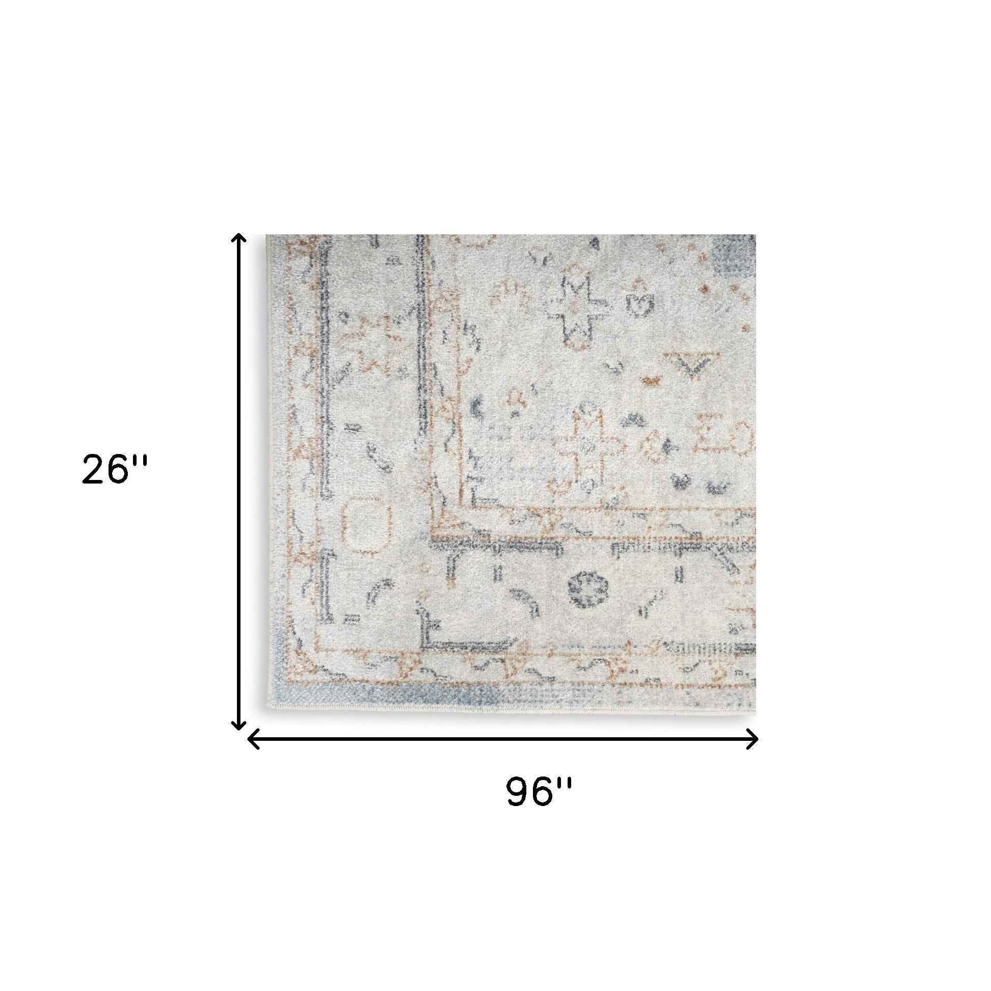 8' Light Blue Oriental Power Loom Distressed Washable Runner Rug