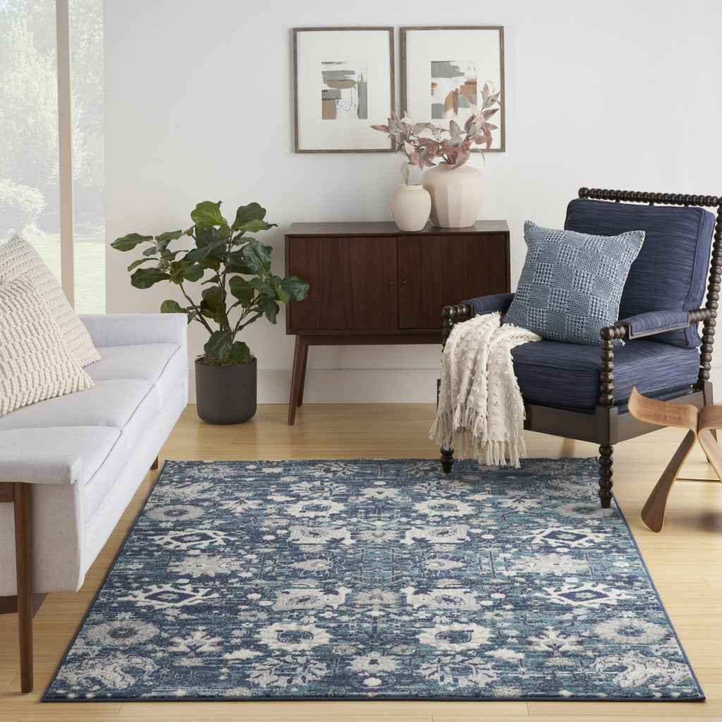 5' X 7' Navy Blue Floral Power Loom Distressed Area Rug