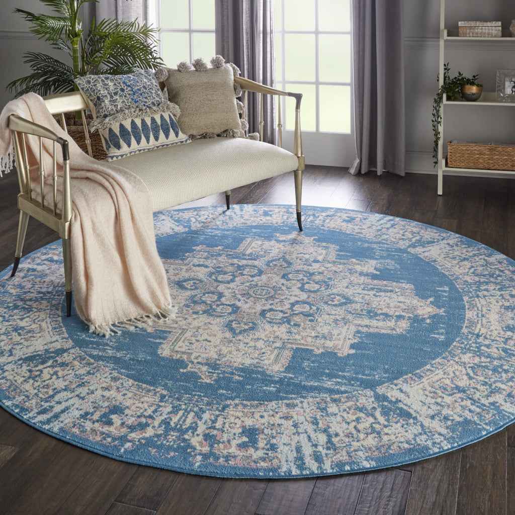 8' Blue Round Damask Power Loom Area Rug