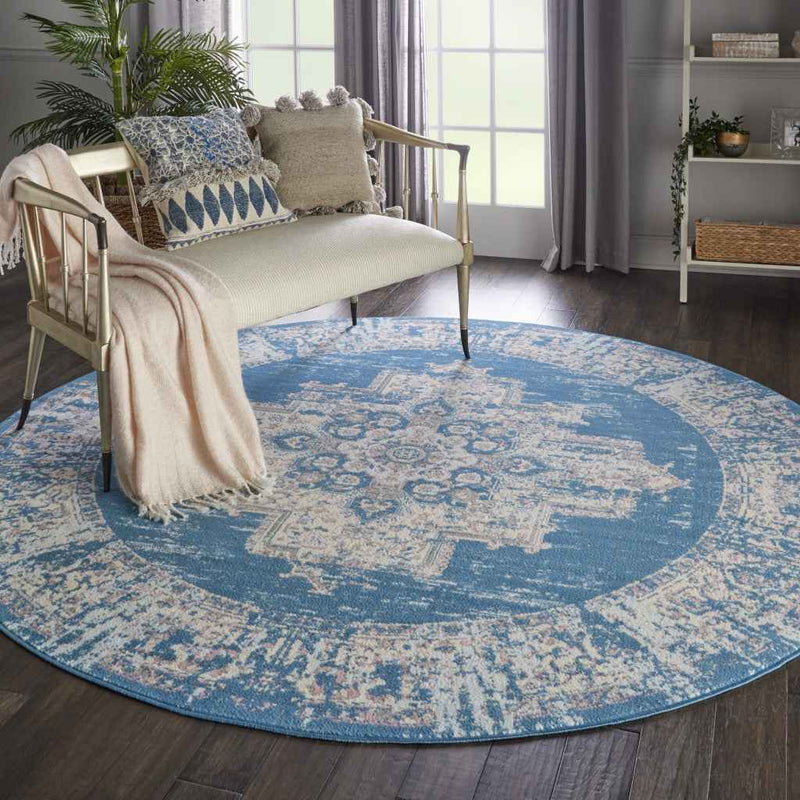 8' Blue Round Damask Power Loom Area Rug