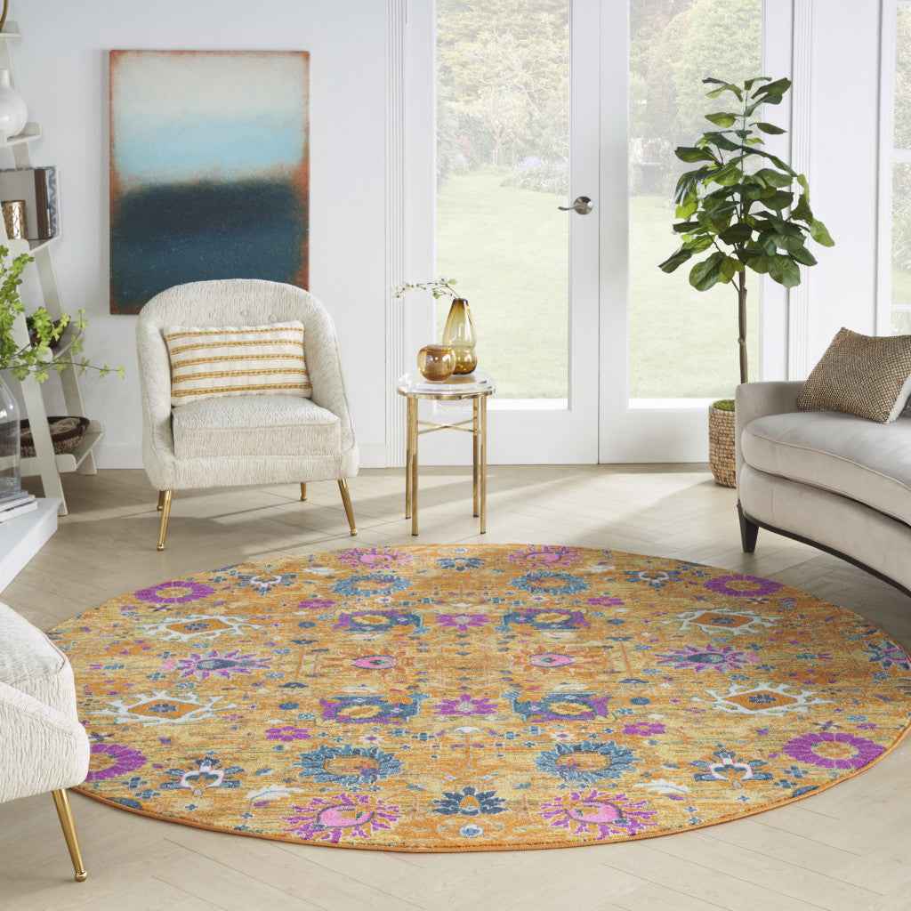 8' Gold Round Floral Power Loom Area Rug